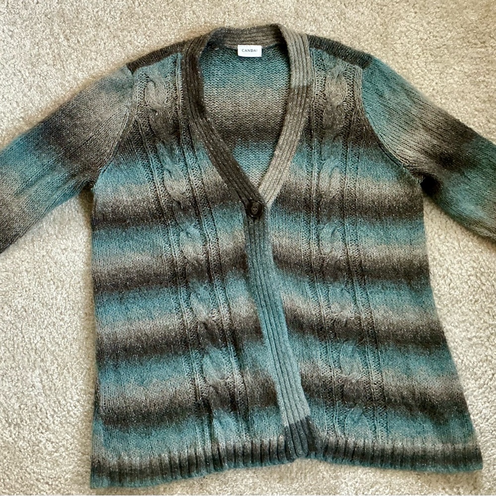 C&A Women's Striped Cardigan - Teal and Gray (L)